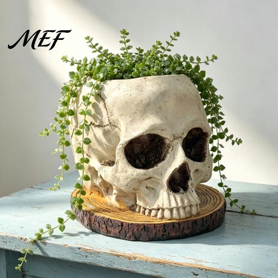 Gothic Home Decor Halloween Retro Skull Planter, Spooky Human Head Flower Pot, Skeleton Holder Candy Bowl Decoration for Tabletop Bar Office