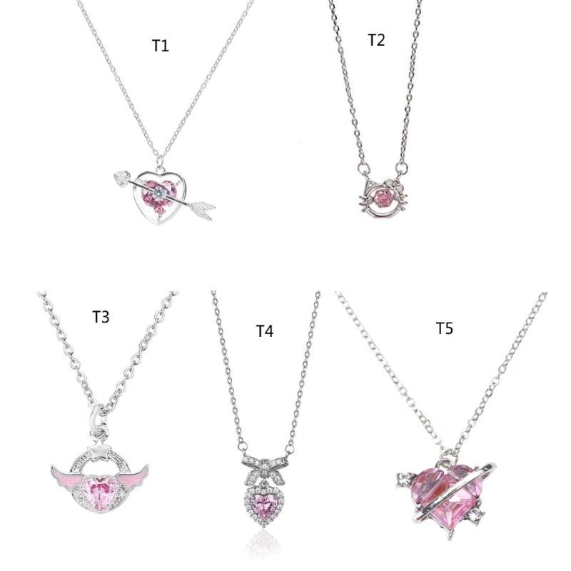 Fashion Pink Sweet Heart Zircon Necklace Women Aesthetic Clavicle Chain Necklace Valentines Day Gift Party Jewelry