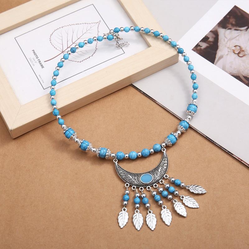 

1 шт. Этнические ювелирные аксессуары Лист Красный камень Бохо Каменные бусины Разноцветная Длинная цепочка Сплав Резьба Прокладки Кисточка Ожерелье синий