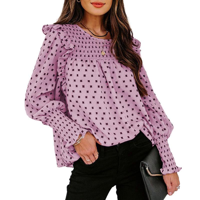 Autumn and Winter New Women's Ruffled Lantern Sleeve Polka Dot Chiffon Shirt Blouse Women