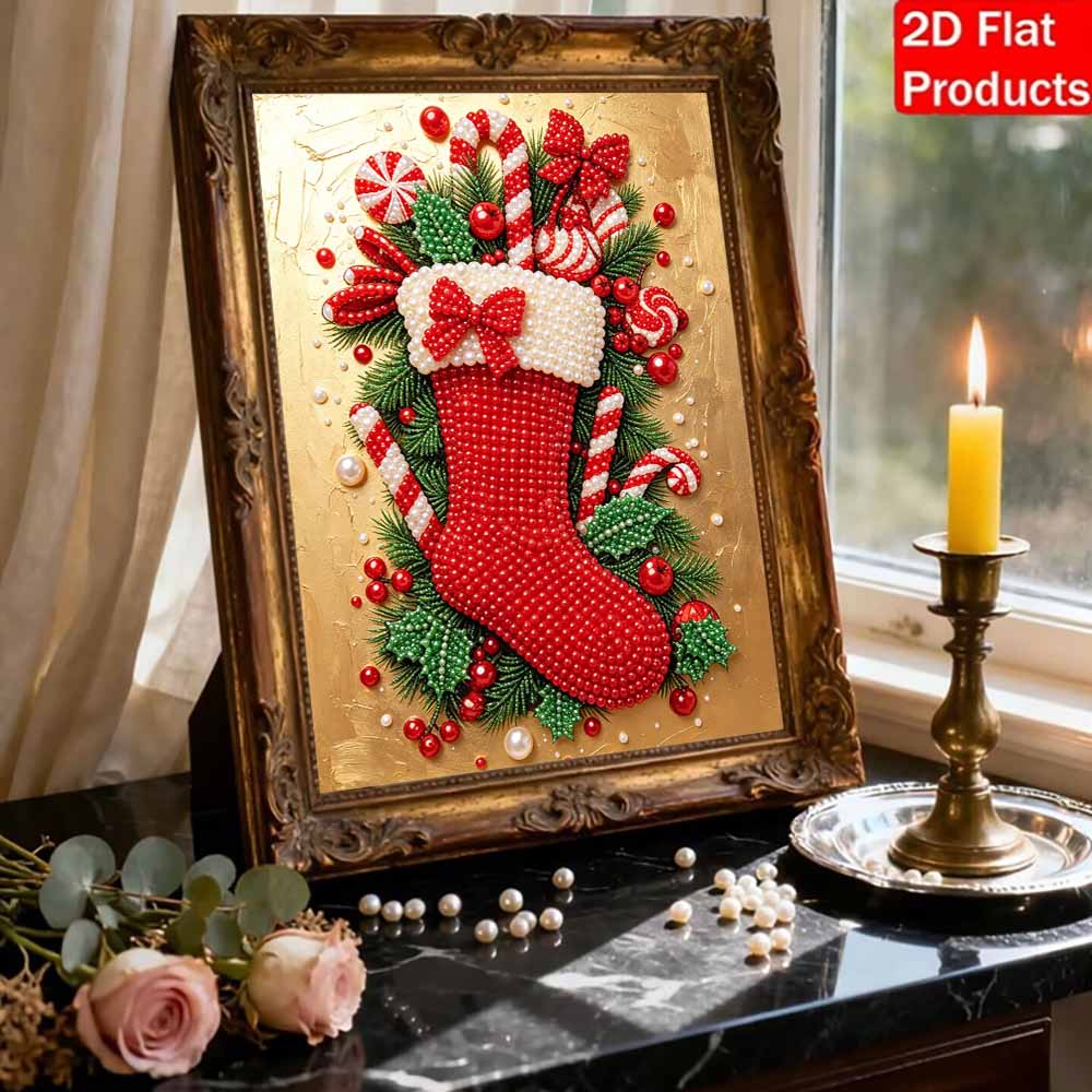 DIY Perlenmalset Festlicher Weihnachtsstrumpf Stressabbau Basteln Rahmenloses 3D-Leinwandbild für Erwachsene Heimdekoration Geschenk