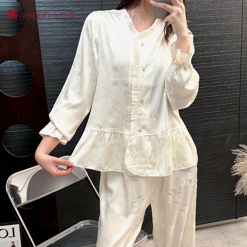 Jacquard Ice Silk Long-sleeved Pajama Set Spring and Summer Court Style Thin Satin Loungewear High-end Pajama Set Women