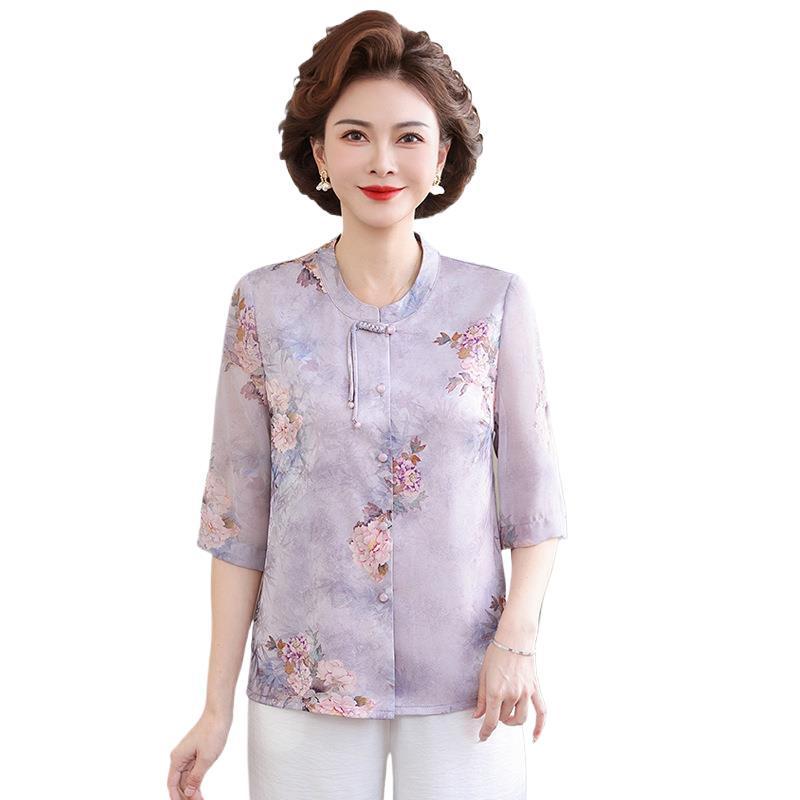 Mom's 2026 Chinese Style Summer T-Shirt - Short Sleeve, Age-Reducing Top for Middle-Aged & Elderly Women
