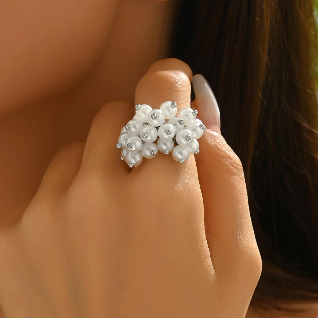 Double-Layer Pearl Chain Tassel Fashion Metal Ring for Women Exaggerated Gold Silver Color Geometric Finger Ring  Gifts