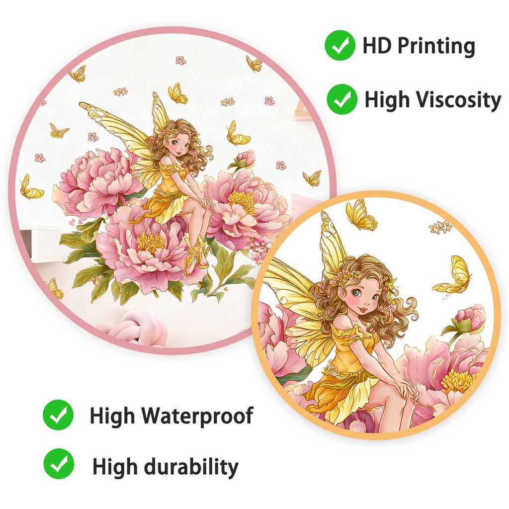 Creative Cartoon Hand Painted Flower Fairy with Butterflies Wall Sticker Self-Adhesive Removable for Kids Room Home Decor