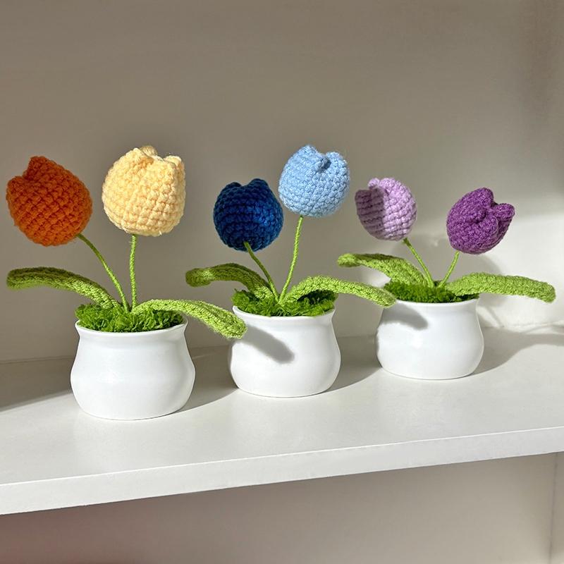 Artificial Flowers Potted Crochet Flower Ornament Desk Accessories Room Decoration Home Decor Holiday Gifts