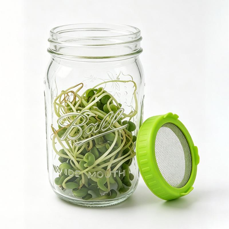 Food-Grade Glass Sprouting Jar with Multi-Functional Strainer Lid for Homemade Hydroponic Bean and Pea Seedlings.