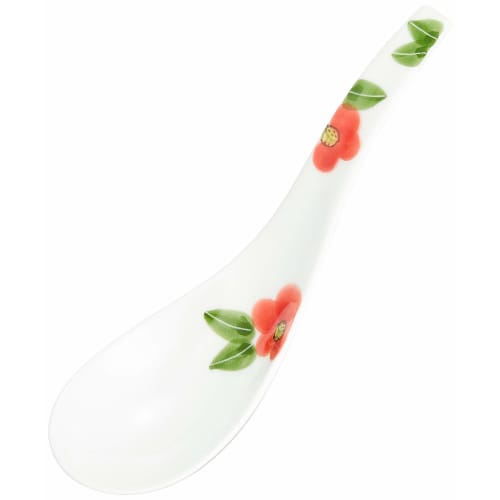 Arita Ware Ojiyama Kiln "Ultimate Renge" Ramen Spoon, Red Camellia Design, Approx. 16cm Diameter, Lotus Flower Design, Ceramic, Dishwasher Safe, Made