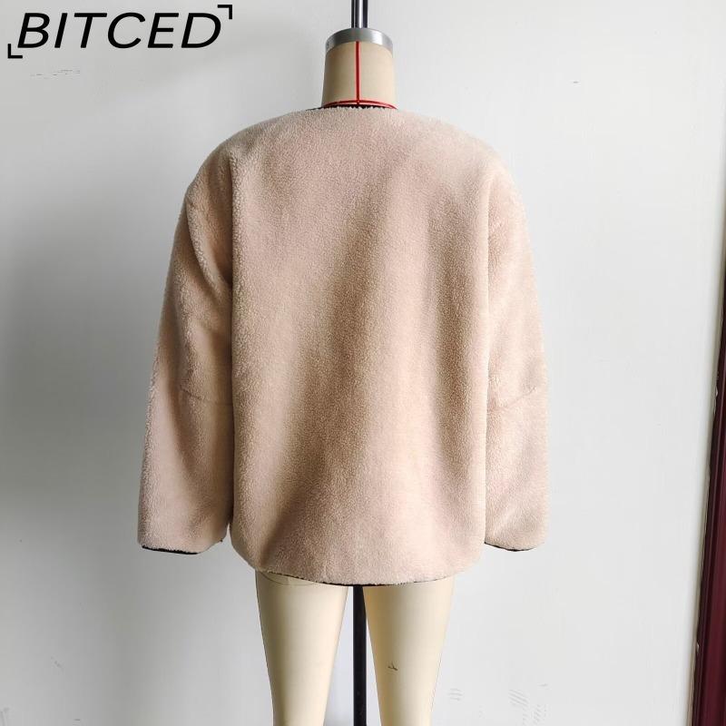 BITCED Women's Spring/Autumn Plus Size Casual Oversized Shearling O-Neck Jacket