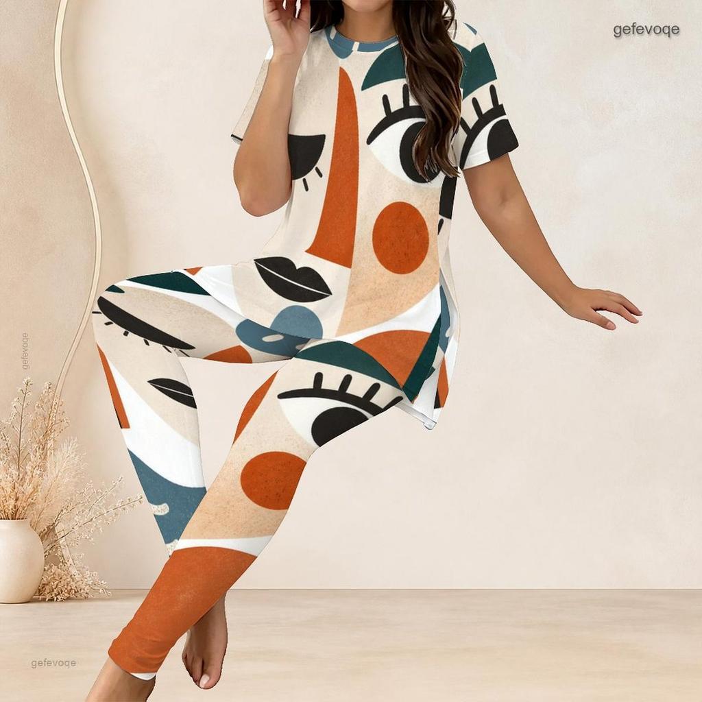 Women Plus Size Two Piece Set Round Neck Short Sleeve Geometric Printed Top And Long Pants