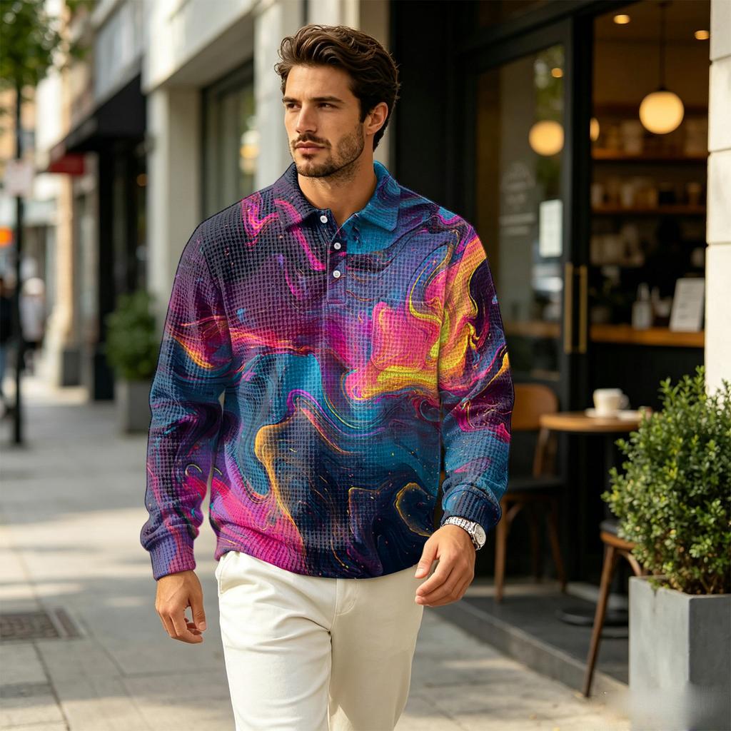 Men's Pullover Long Sleeve Top with Collar and Pocket, Fall Outdoor Casual Printed Shirt