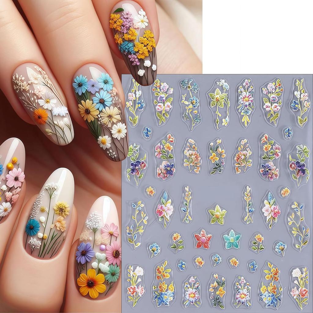 Spring Flower Nail Stickers Colorful Petals Beauty Summer Flowers Leaves Plants 5D Embossed Nail Decals Self-Adhesive Sunflower Daisy Nail Art