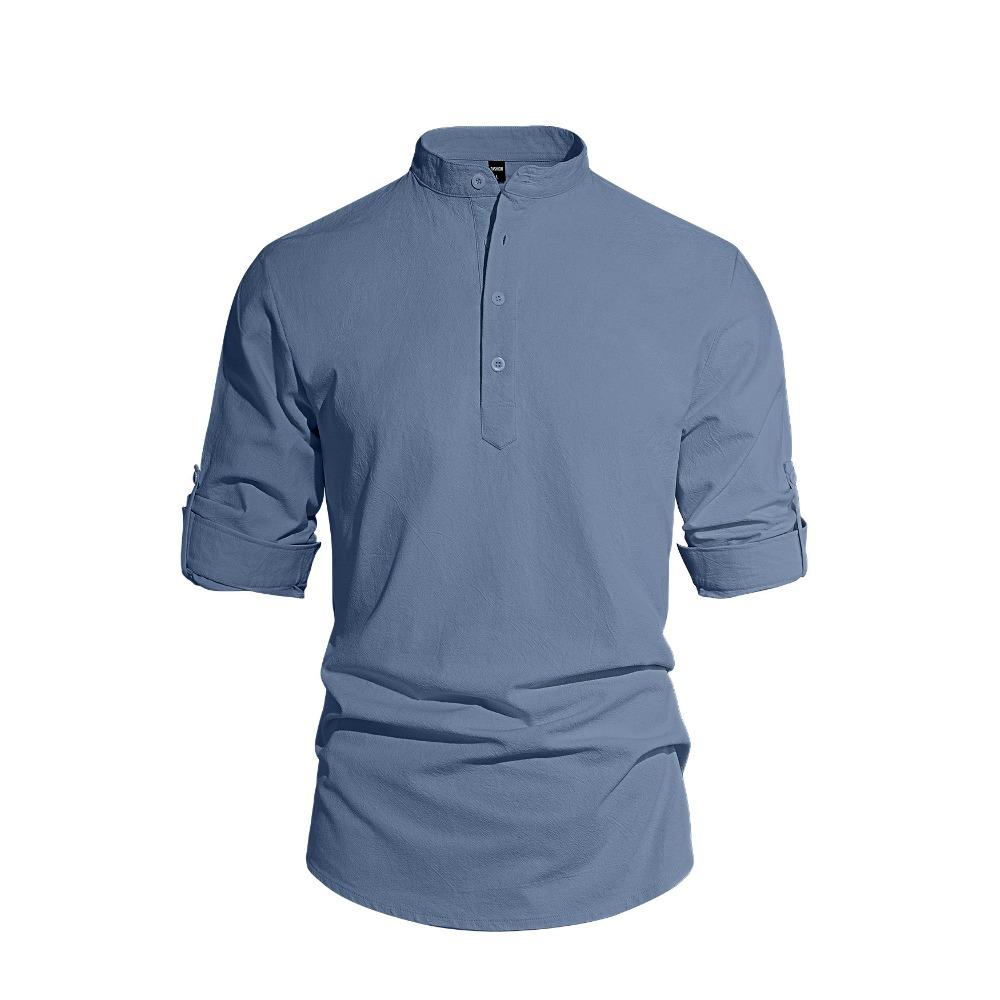 Men's New Style Shirt - Men's Solid Color Collar Long-Sleeved Cotton-Linen Shirt - Large Size - Fashionable Casual Shirt for Men
