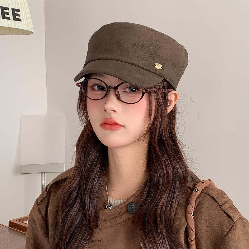 Retro Pleated Suede Flat-top Equestrian Hat for Women In Autumn and Winter Newsboy Hat Versatile Face Showing Small Duck Tongue Beret