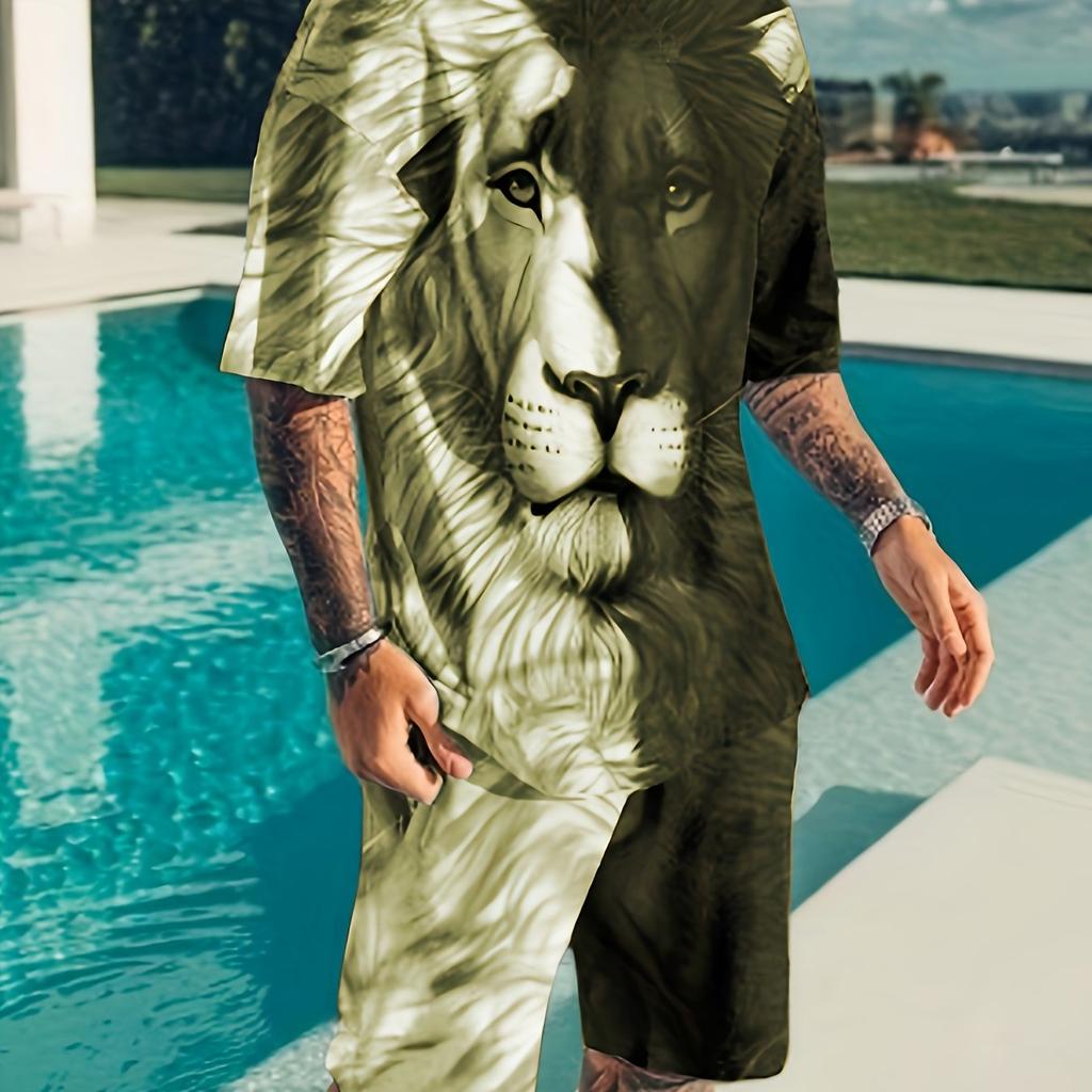 2PCS Plus Size Men's Summer Casual Suit Color Block Lion Print Short Sleeve T Shirt And Track Shorts Set Holiday Lounge Beach Sports Suit