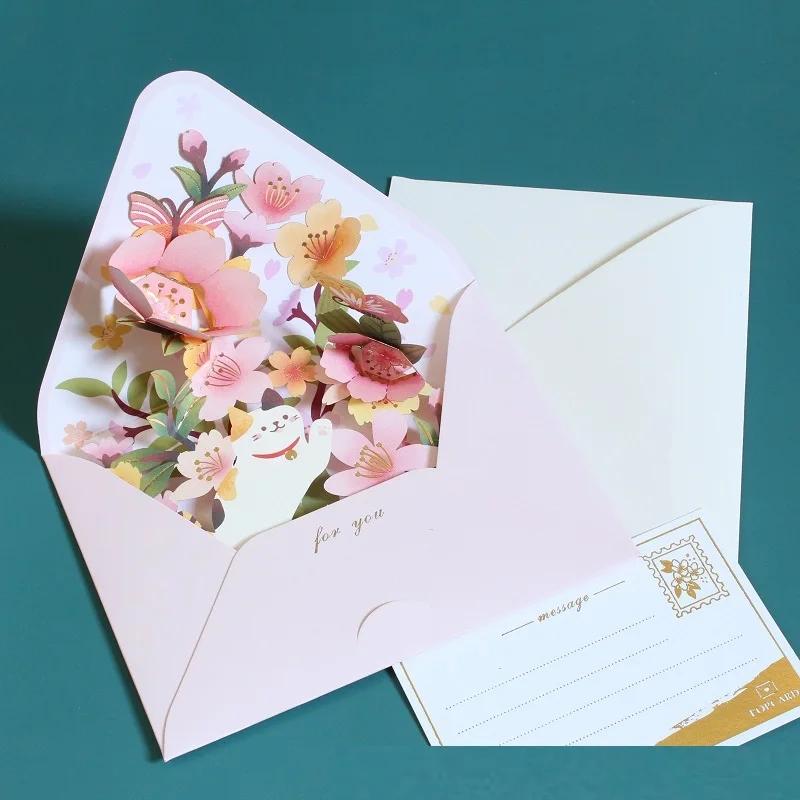 3D Greeting Cards Romantic Flower Pop Up Card with Envelope Creative Laser Cut Post Card for Birthday Party Wedding Decoration