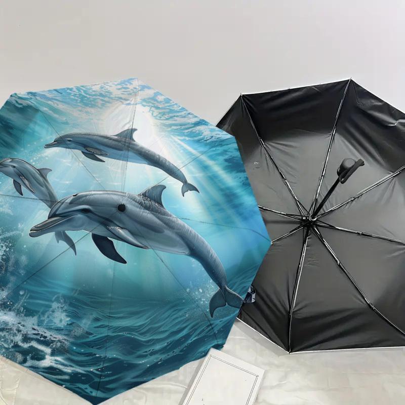 1pc Oceanic Dolphins Swimming Art Print Umbrella with Plastic Handle,Suitable for All Seasons Home Travel Outdoor UmbrellaDD352