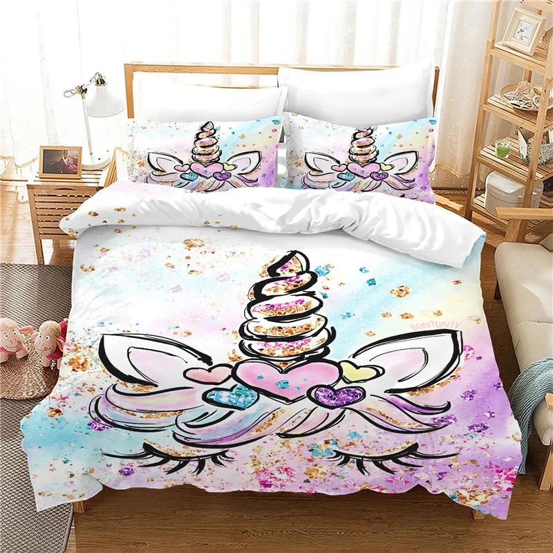 Lovely Unicorn Bedding Set For Kids Winter Duvet Cover Sets Blue Pink Cartoon Boy Girl Bed Linens 2/3 Pcs Ropa De Cama Cartoon