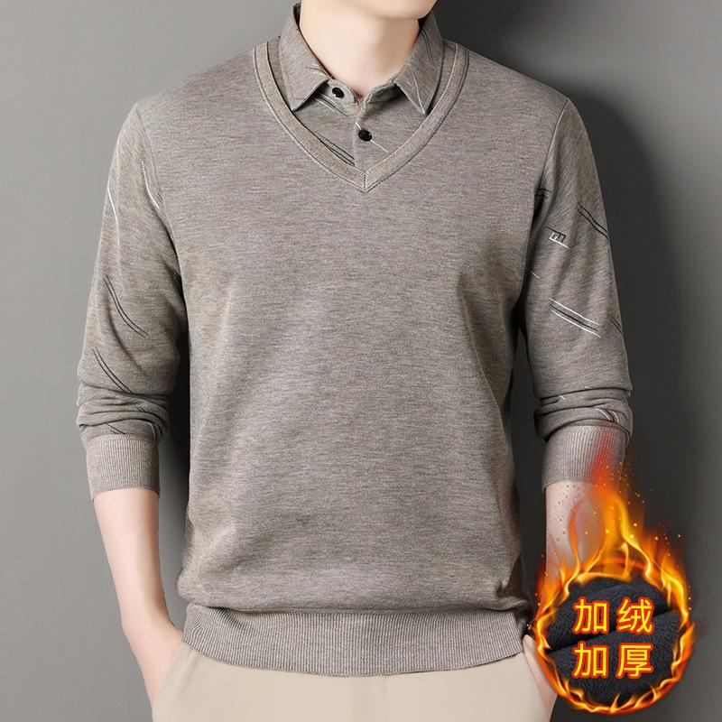 New Autumn and Winter Men's Sweater Thickened Fake Two-piece Sweater Warm Shirt Collar Casual Versatile Base Shirt Sweater