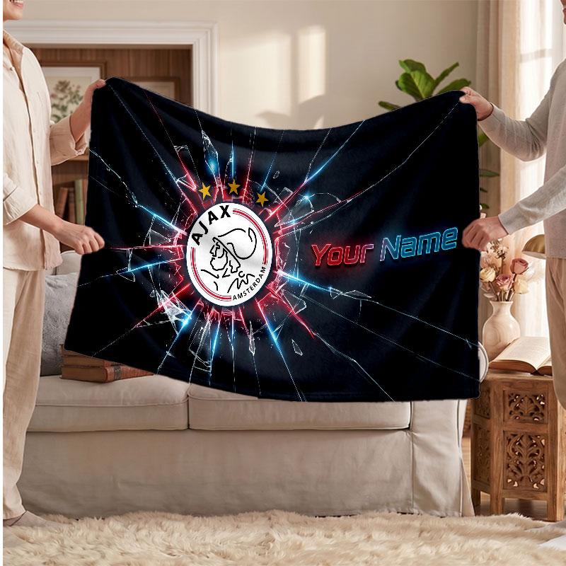 Coperta in Pile Personalizzata Ajax Amsterdam con Logo Calcio, Testo Nome Personalizzato Morbida Calda Coperta da Divano per la Casa