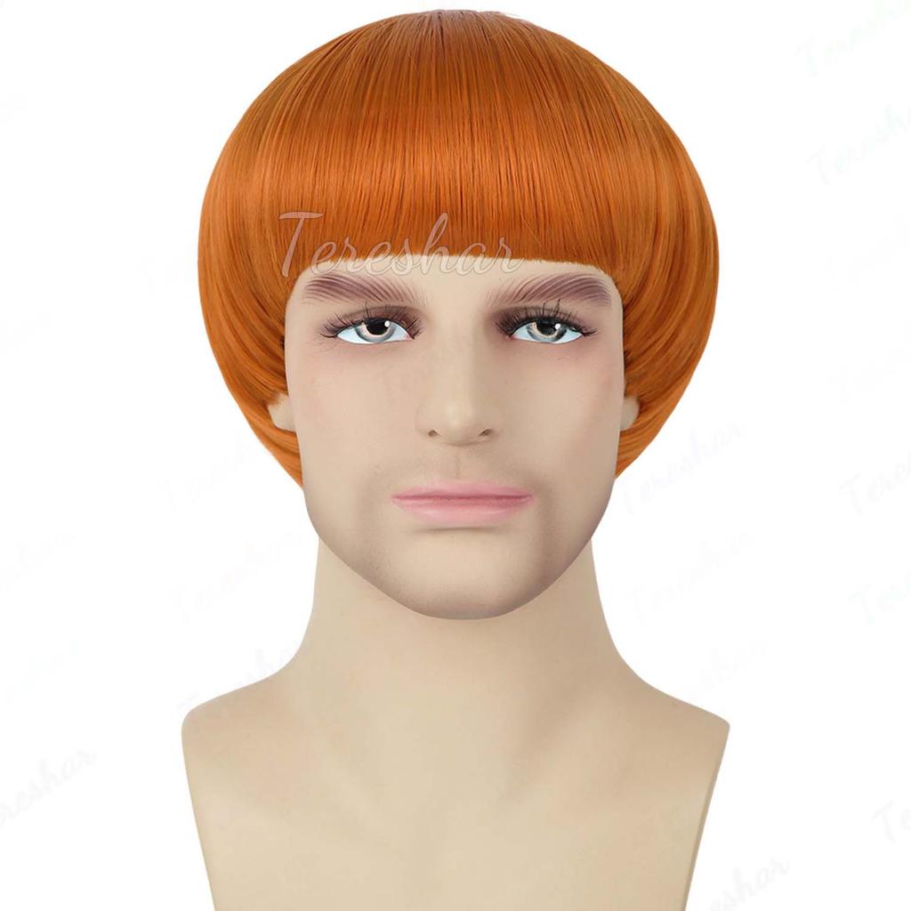 Synthetische Korte Bruine Paddenstoel Cosplay Pruik voor Mannen, Komvormig Kapsel, Anime Retro Pruik, Geschikt voor Films, Feest, Meerkleurige Pruik