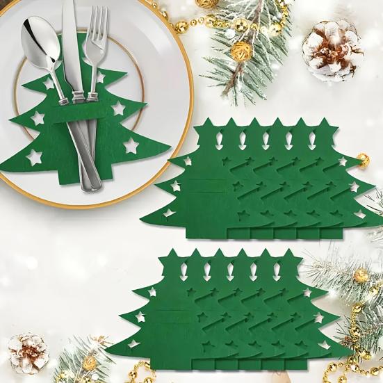 Christmas Cutlery Holder Bag Tree/Heart Shaped Knife Folk Tableware Holder Pockets Felt Dinner Flatware Covers for Christmas Party Dinner Table Decor