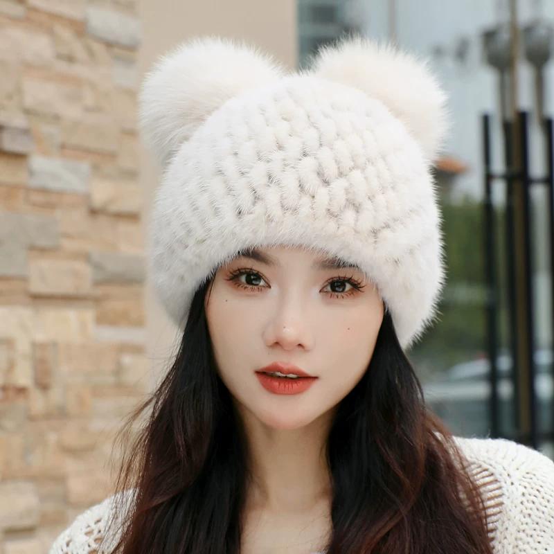 New Mink Hair Hat Warm Woven Wool Fox Hair Ball Cute Mickey Hat Fur Milliner Autumn and Winter