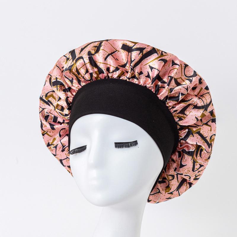 European American Print Satin Sleep Cap - Wide Brim Silky Hair Protection Hat for Women