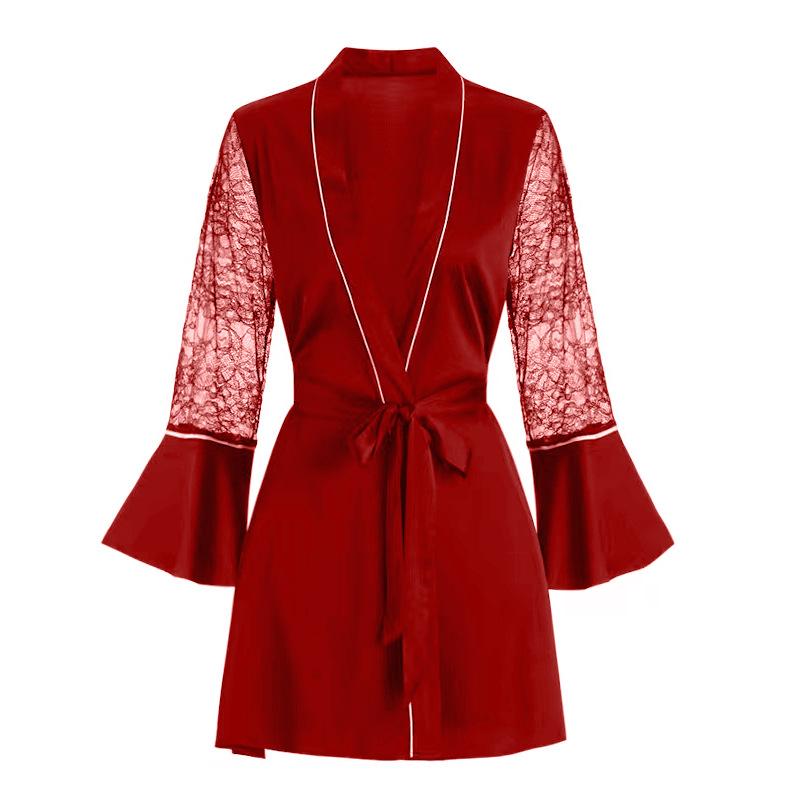 Flare Sleeve Robe Short Kimono Gown Sexy Lace Sleeve Bathrobe Satin Sleepwear Women Bathrobe