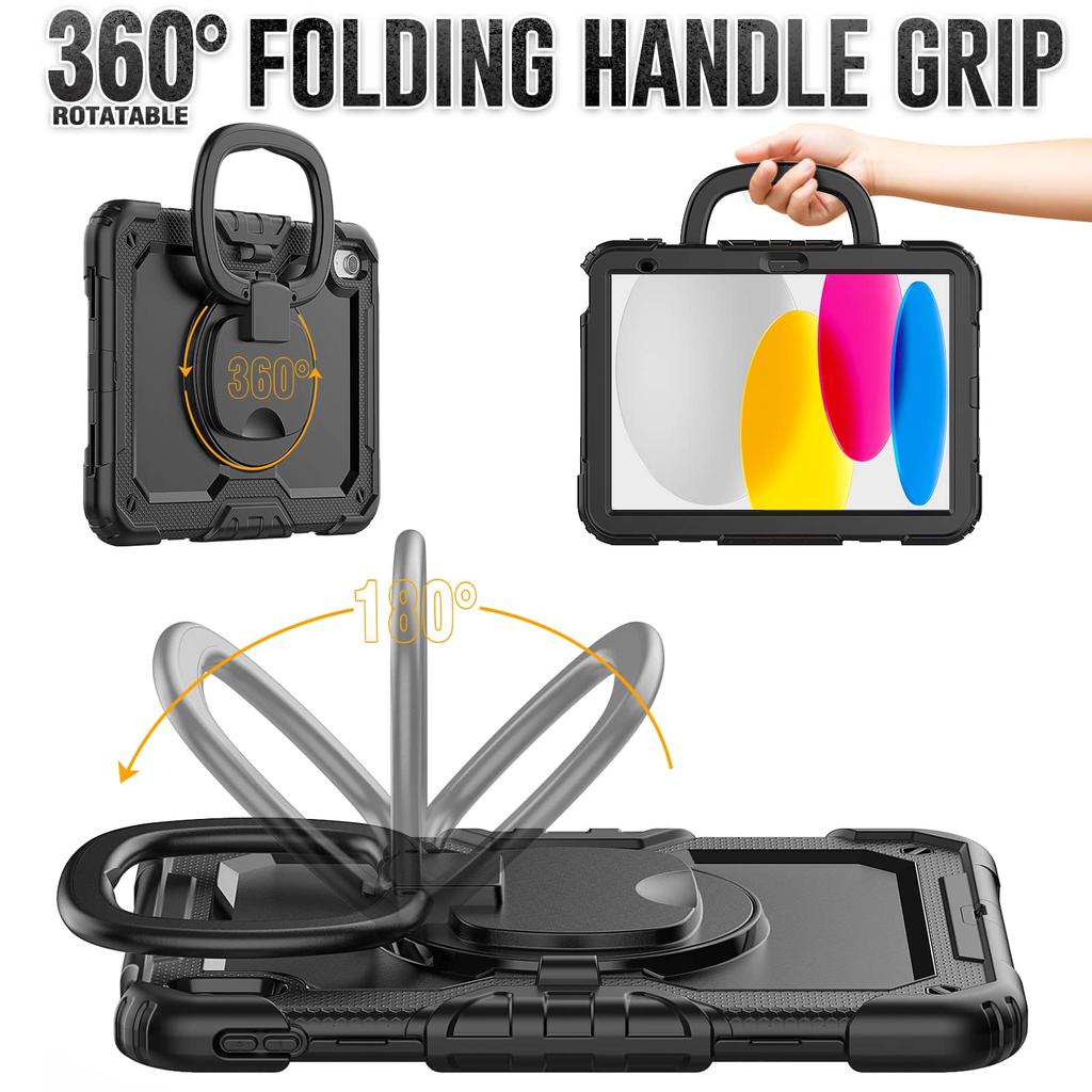 For iPad 10th 10.9 2026, Military Grade Shockproof Protective Silicone Cover 360 Folding Handle Grip + Handle Shoulder Strap
