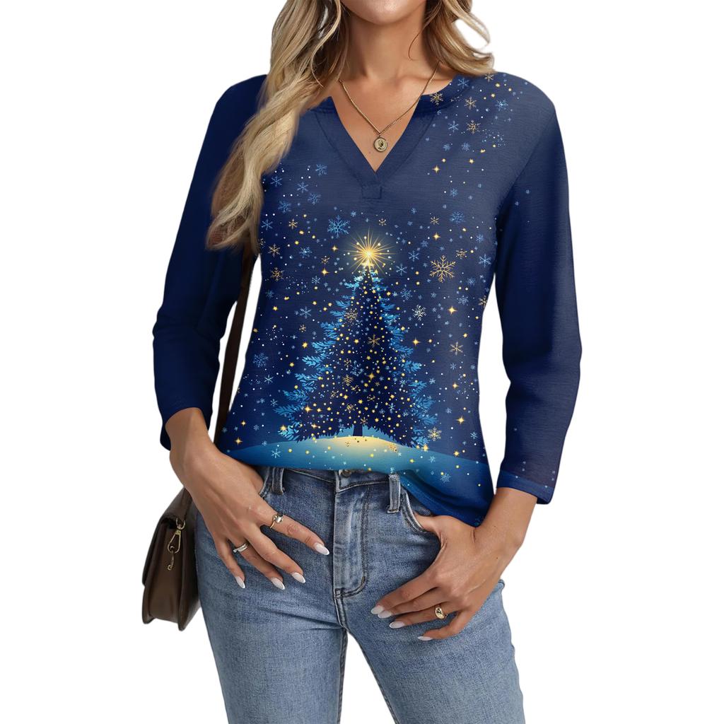 Women's Casual Fashionable Sexy Comfortable V-Neck Christmas Three-Quarter Sleeve Top