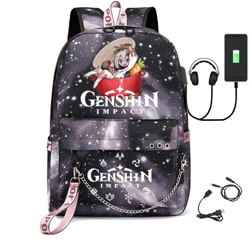 Harajuku Jugendliche Schultaschen Unisex Genshin Impact Reisetaschen USB-aufladbar Oxford Wasserdicht Notizbuch Schulterrucksäcke
