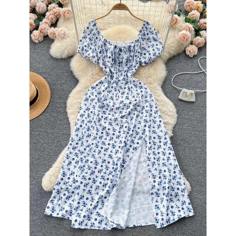 Puff Sleeves Summer Slimming Mori Style Split Dress
