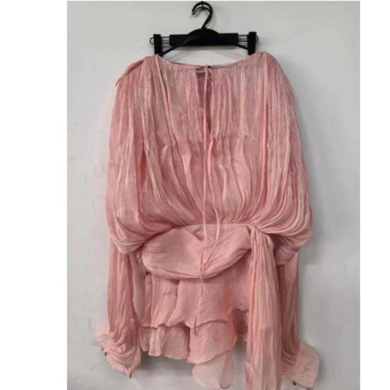 

Women s Elegant Two-Piece Summer Outfit: Ruched O-Neck Mini Dress with Long Lantern Sleeves + Solid Color Chic Shorts XL рожевий