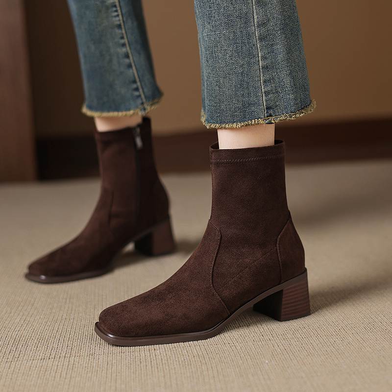Krazing Pot Flock Round Toe Thick Heels Chelsea Boots Size 42 Zip Women Concise Style Elastic Ankle Boots