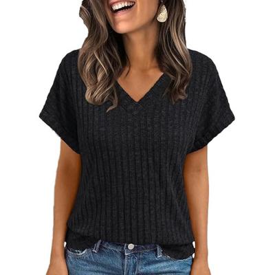 Womens V Neck Ribbed Knit Short Sleeve T Shirt