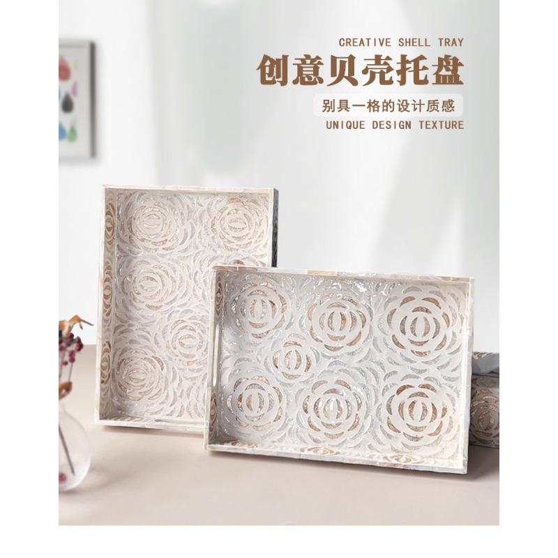 European Colorful Shell Rectangular Tea Tray Creative Living Room Storage Wooden Serving Platter Handmade Decor Display