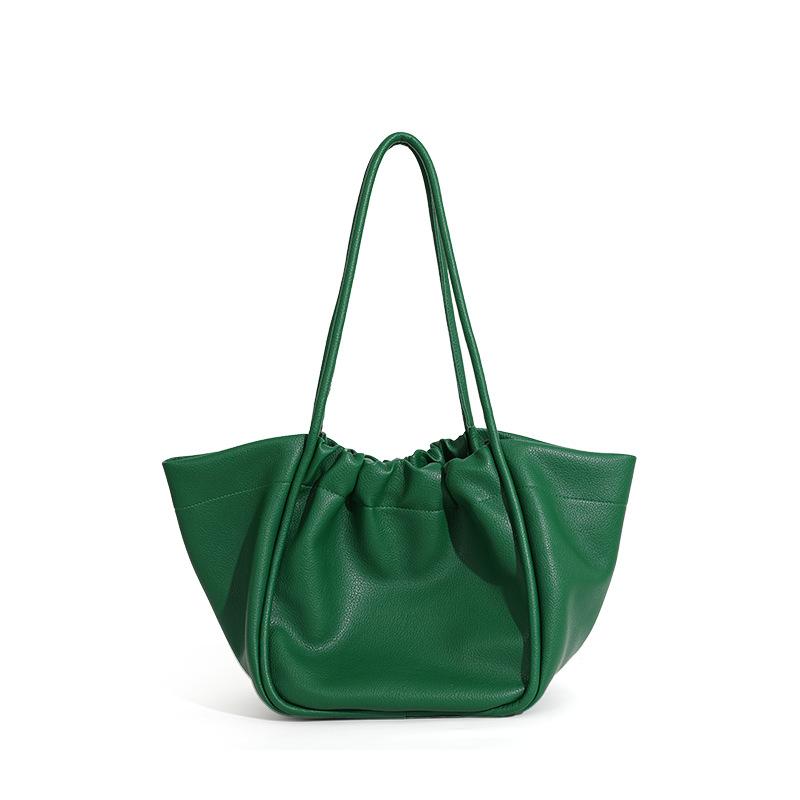 Retro Bucket Bags Women Leather Pleated Design Large Shoulder Bag Summer Versatile Handbag