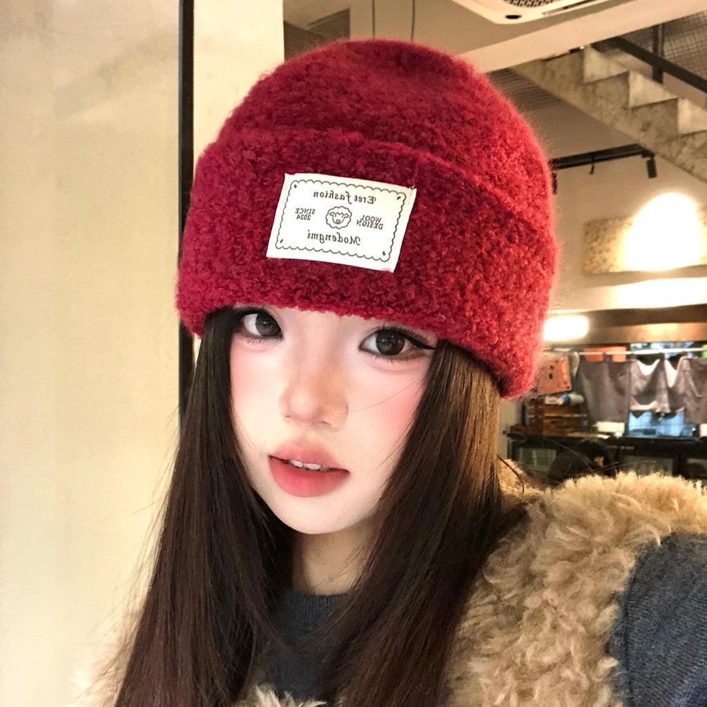 Tissu Patchwork bonnet tricoté rouge pour enfants bonnet d'hiver épaissi chaud froid montrant un petit visage atmosphère protection oreilles bonnet en laine