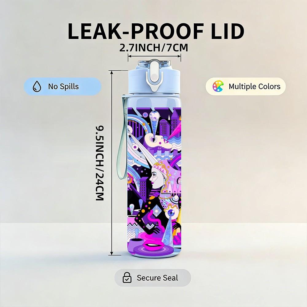 1PC Neon Abstract Cyber Graffiti Art 750ml Color Plastic Sports Water Bottle Leakproof Flip Straw Lid Suitable for Sports Office Home Use