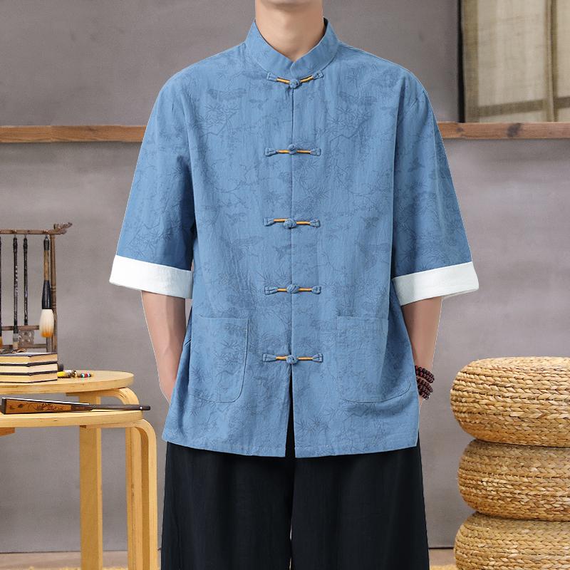 Men's Lightweight Mandarin Collar Printed Shirt Summer Chinese Style Oriental Design Casual Cultural Wear