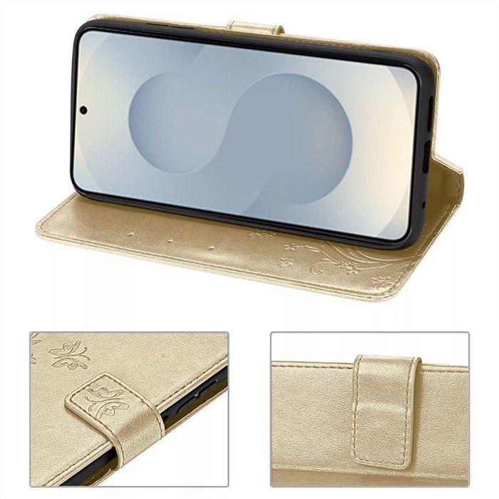 Hülle für Samsung Galaxy S25 Plus (S25+) - BOOLING - Synthetisches Leder mit Blumen- und Schmetterlingsmuster - Goldfarben