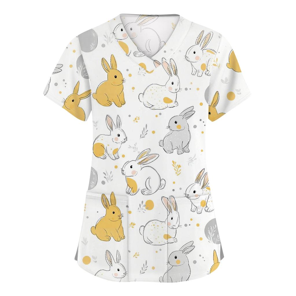 Women's Fashion V-neck Short Sleeve Workwear With Pockets Printed Tops