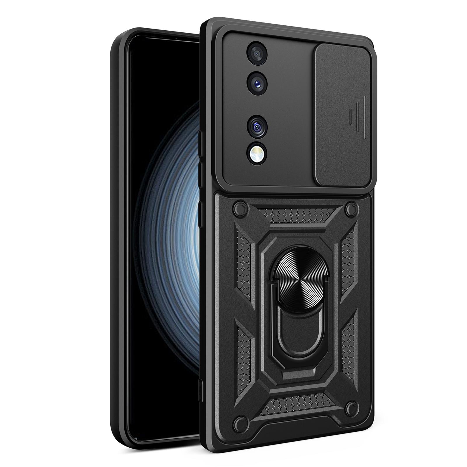 

For Honor 70 5G Phone Kickstand Case Slide Camera Lens Protection PC+TPU Cover Black