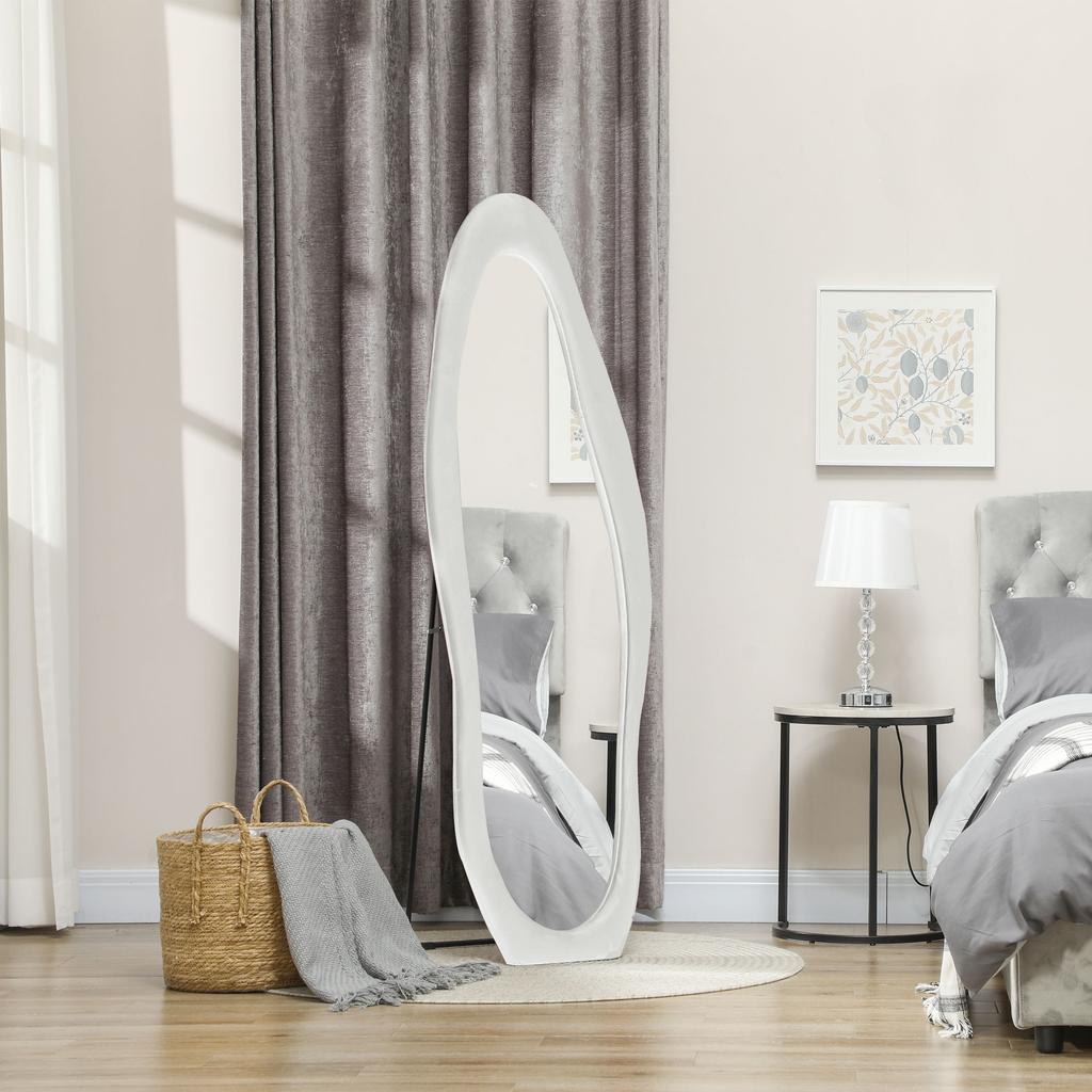 Specchio a figura intera, Forma ondulata, 160 x 50 cm, Autoportante, Rivestimento del telaio simile al velluto, Camera da letto, Soggiorno, Bianco