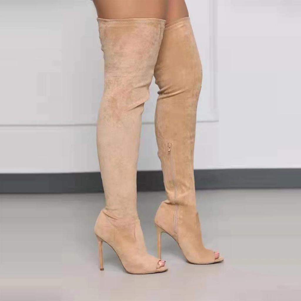 Stivali da Donna Alti Fino al Ginocchio Peep Toe alla Moda Taglie Grandi 34-46 Zip Laterale Elastici Stivali Lunghi Scarpe da Donna