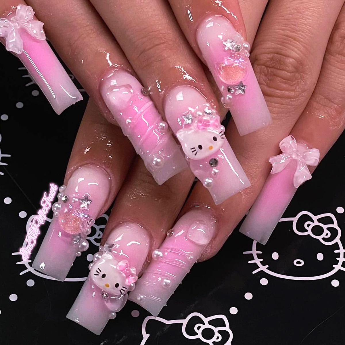 

Cute Hello Kitty wearing nail piece three-dimensional water ripple nail art nail sticker bow wearing nail piece