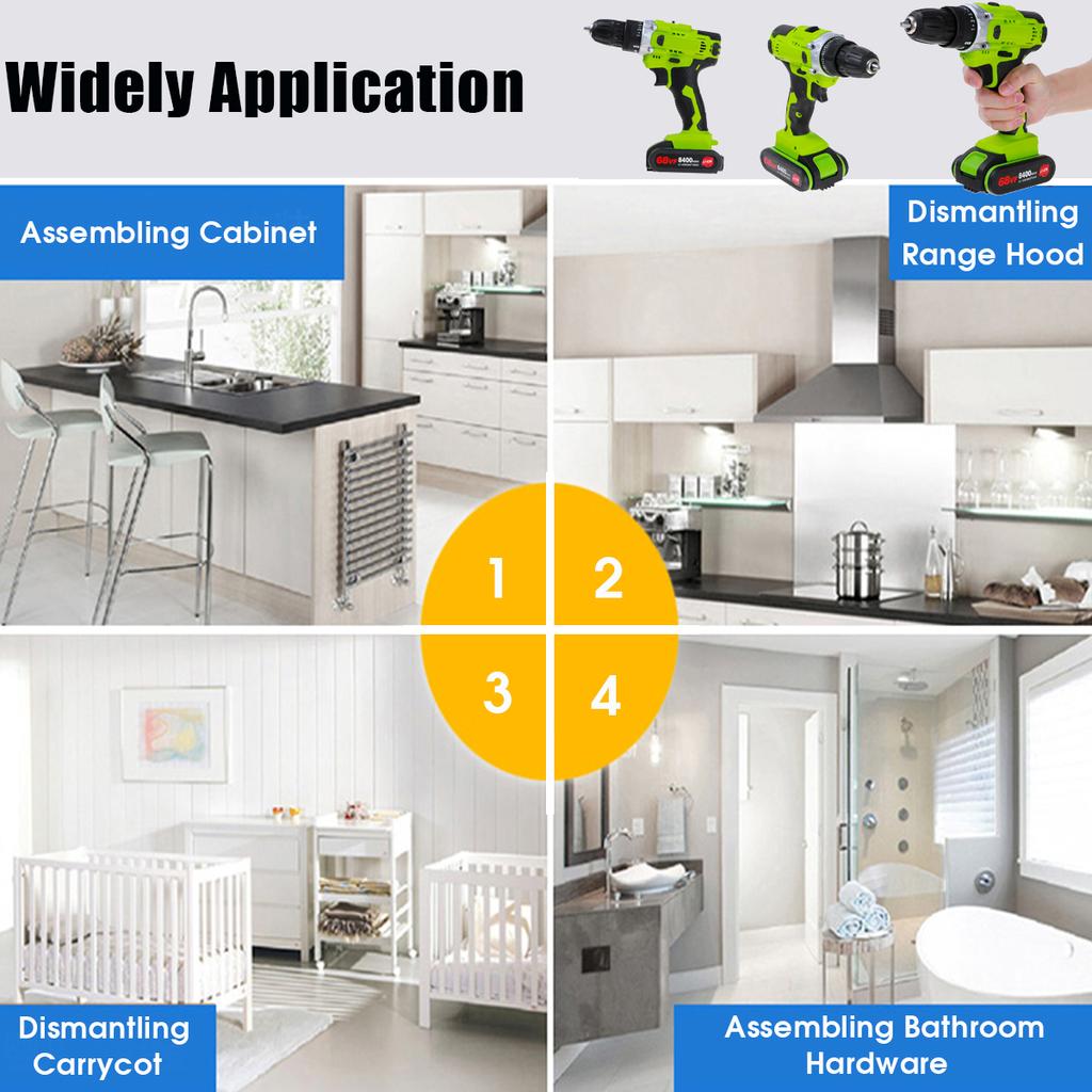 68V Electric Cordless Drill Screwdriver Driver & LED Worklight & 8400mAh Battery