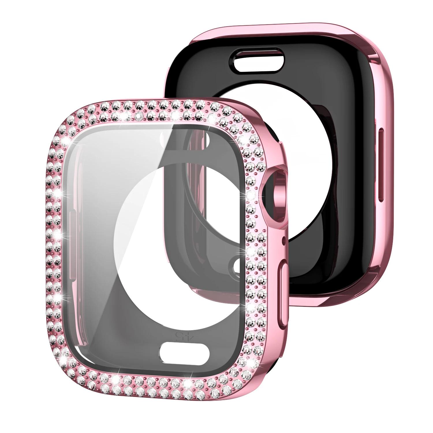 

Сверкающий Чехол со стеклом для Apple Watch 44 45мм 41мм 40 42мм 44мм Алмазный бампер+Защитное стекло для Серии 11 10 9 8 7 5 6 SE 40mm series 654 розовый