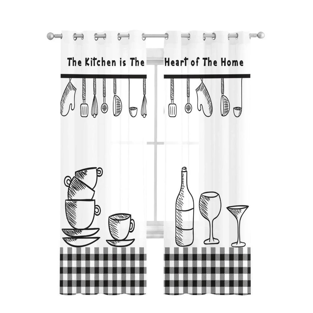 Cortina 3D din șifon cu 2 panouri Cortina transparentă de bucătărie Ustensile de bucătărie Chef Print Voile Cortine din tul pentru bucătărie Sufragerie Cort fereastră